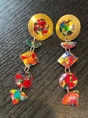 Vintage Abstract Art Niobium Linked Long Dangle Gold Tone Statement Earrings